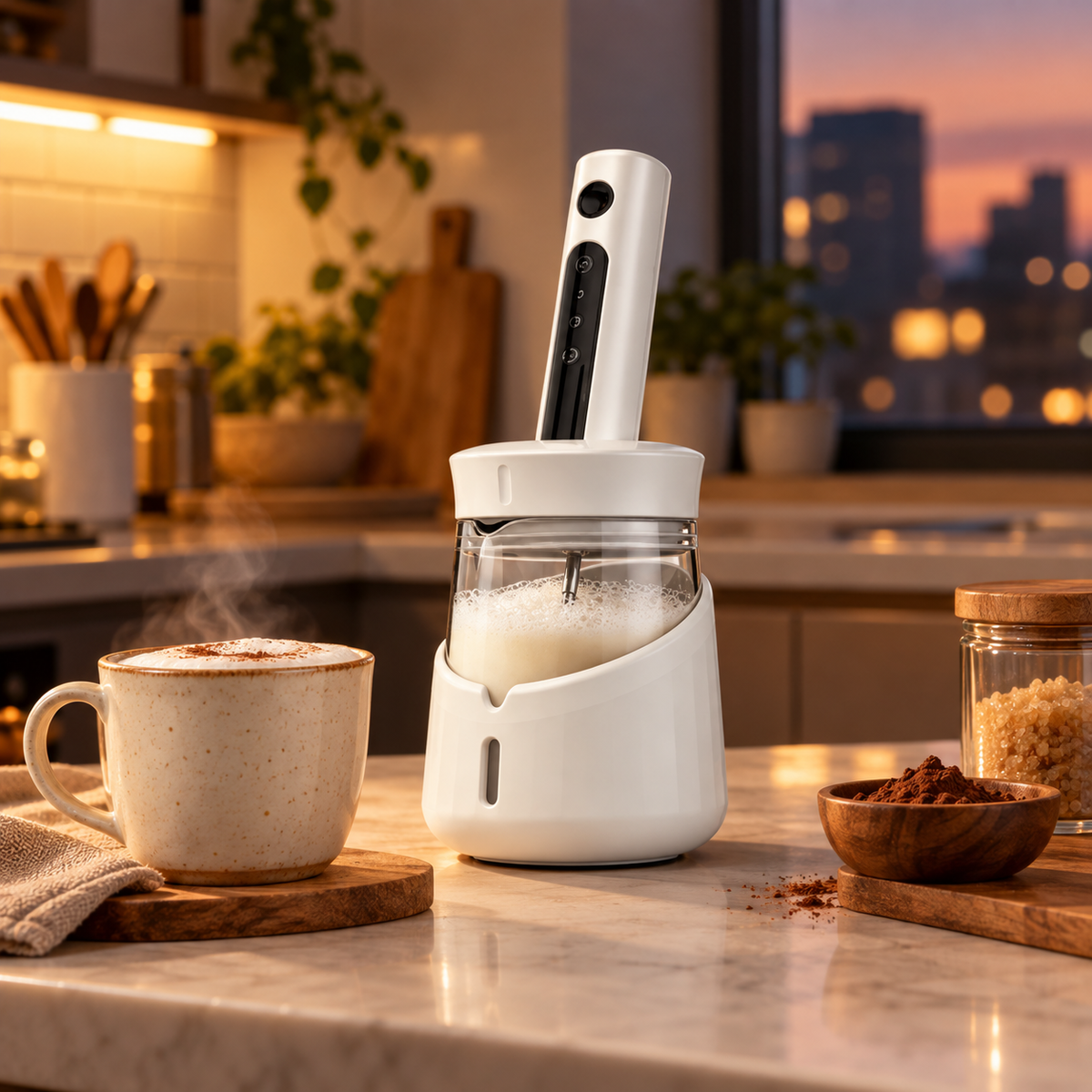 ☕ Electric Milk Frother | Stainless-Steel Kitchen | Coffee-Lovers Creamy Foam